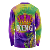Long-sleeve Mardi Gras shirt, colorful tie-dye back with crown, King text and peacock feathers