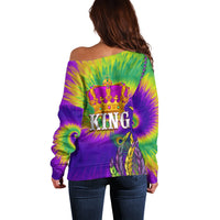 Colorful tie-dye off-shoulder sweater with back 'KING' crown print, long sleeves