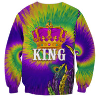 Colorful tie-dye sweatshirt with crown logo and KING text, peacock accents
