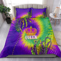 Queen-size tie-dye bedding set with two pillows: purple-green-yellow peacock, crown, 'QUEEN' text