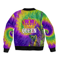 Tie-dye bomber jacket with crown and QUEEN graphic, purple-green swirl, black ribbed trim