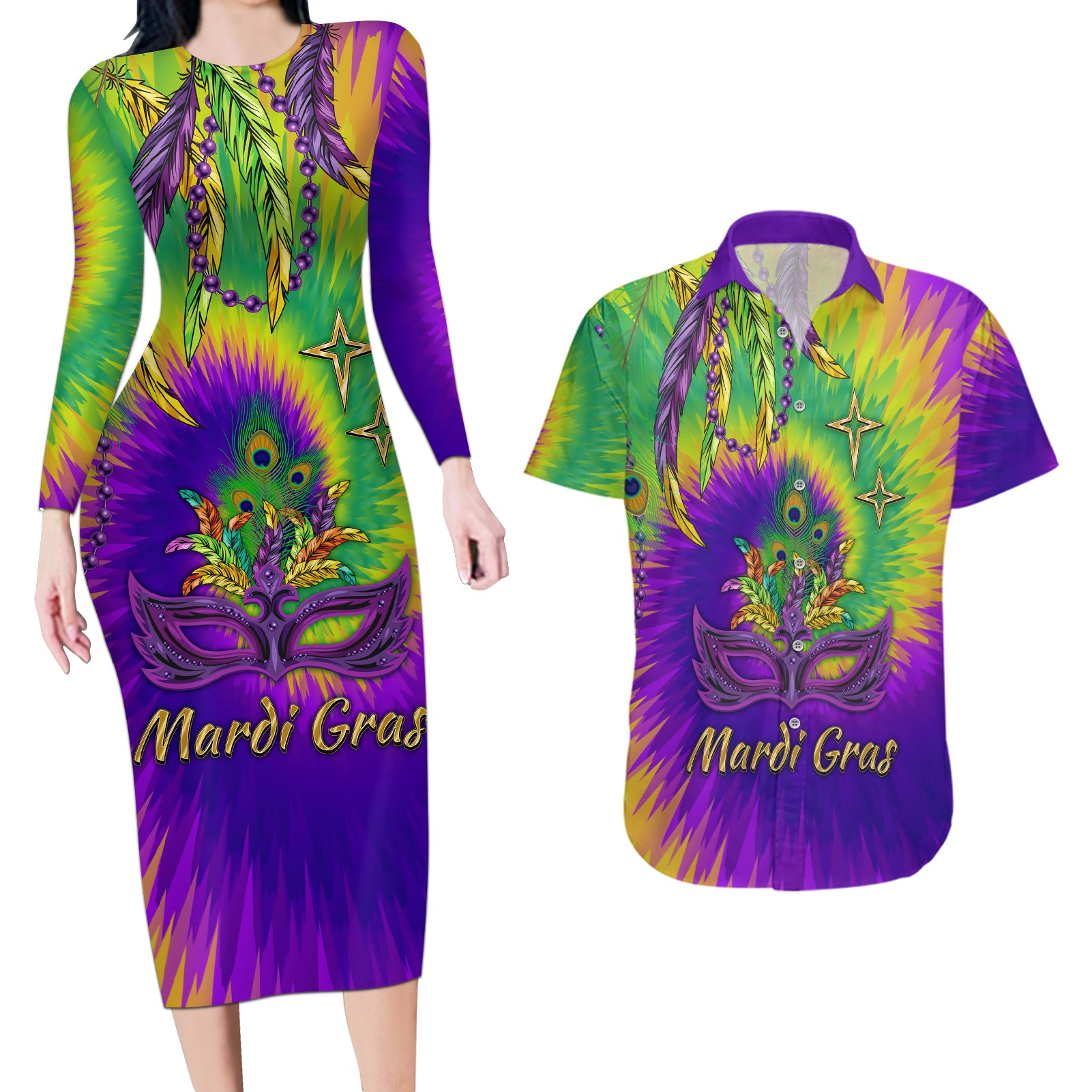 Mardi Gras Couples Matching Long Sleeve Bodycon Dress and Hawaiian Shirt Tie-dye Style - Queen LT7 - Wonder Print Shop