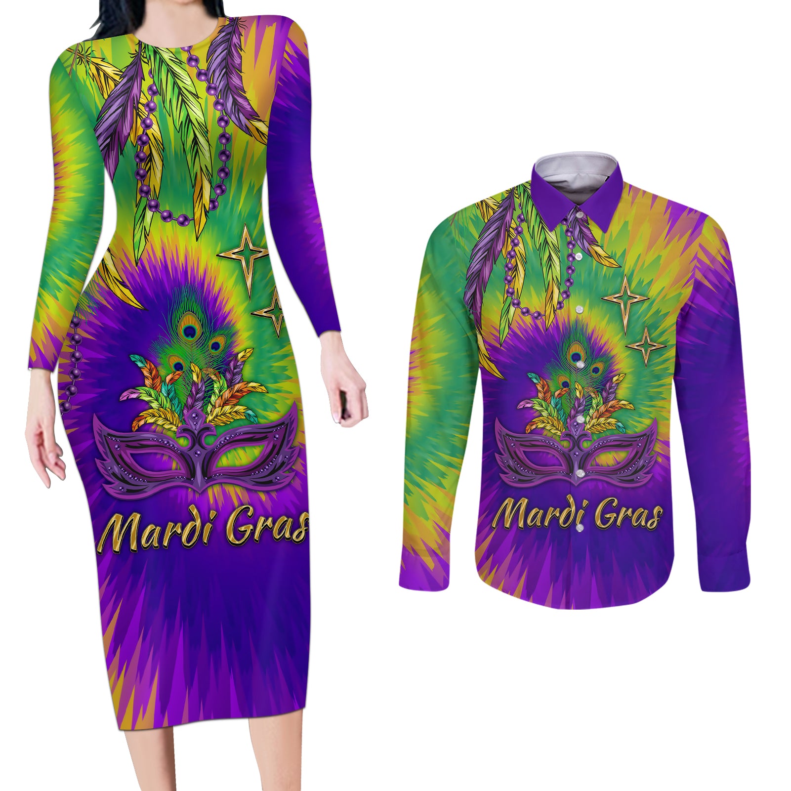 Mardi Gras Couples Matching Long Sleeve Bodycon Dress and Long Sleeve Button Shirt Tie-dye Style - Queen LT7 - Wonder Print Shop