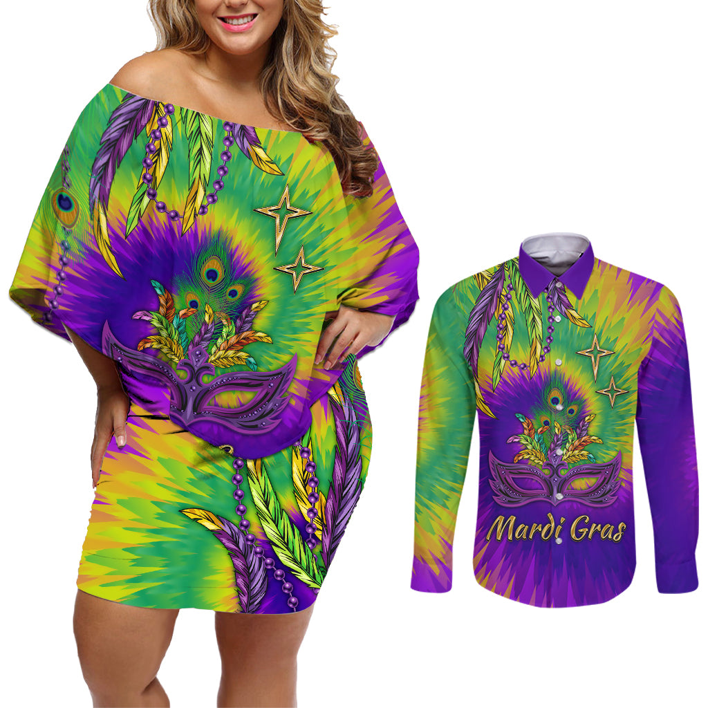 Mardi Gras Couples Matching Off Shoulder Short Dress and Long Sleeve Button Shirt Tie-dye Style - Queen LT7 - Wonder Print Shop