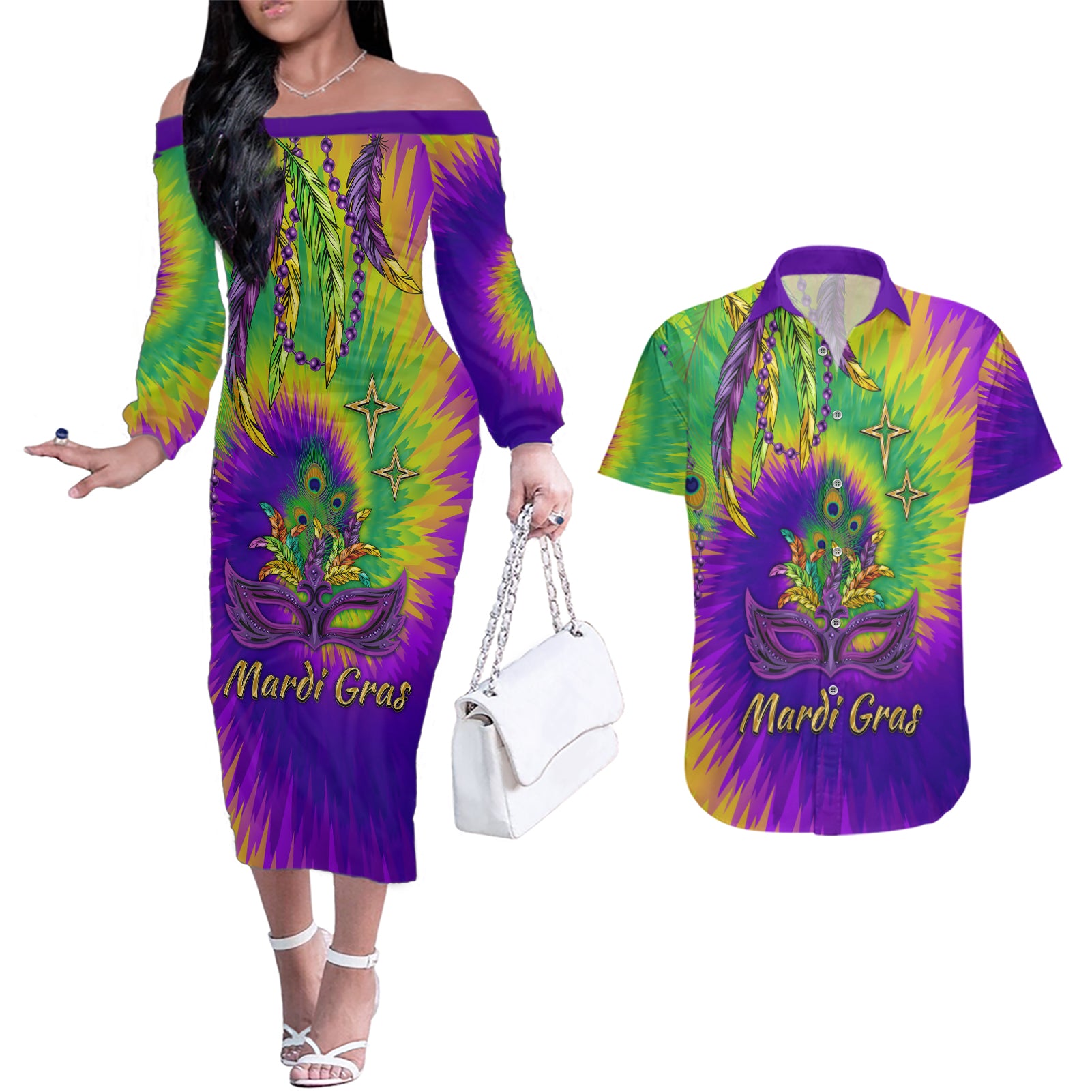 Mardi Gras Couples Matching Off The Shoulder Long Sleeve Dress and Hawaiian Shirt Tie-dye Style - Queen LT7 - Wonder Print Shop