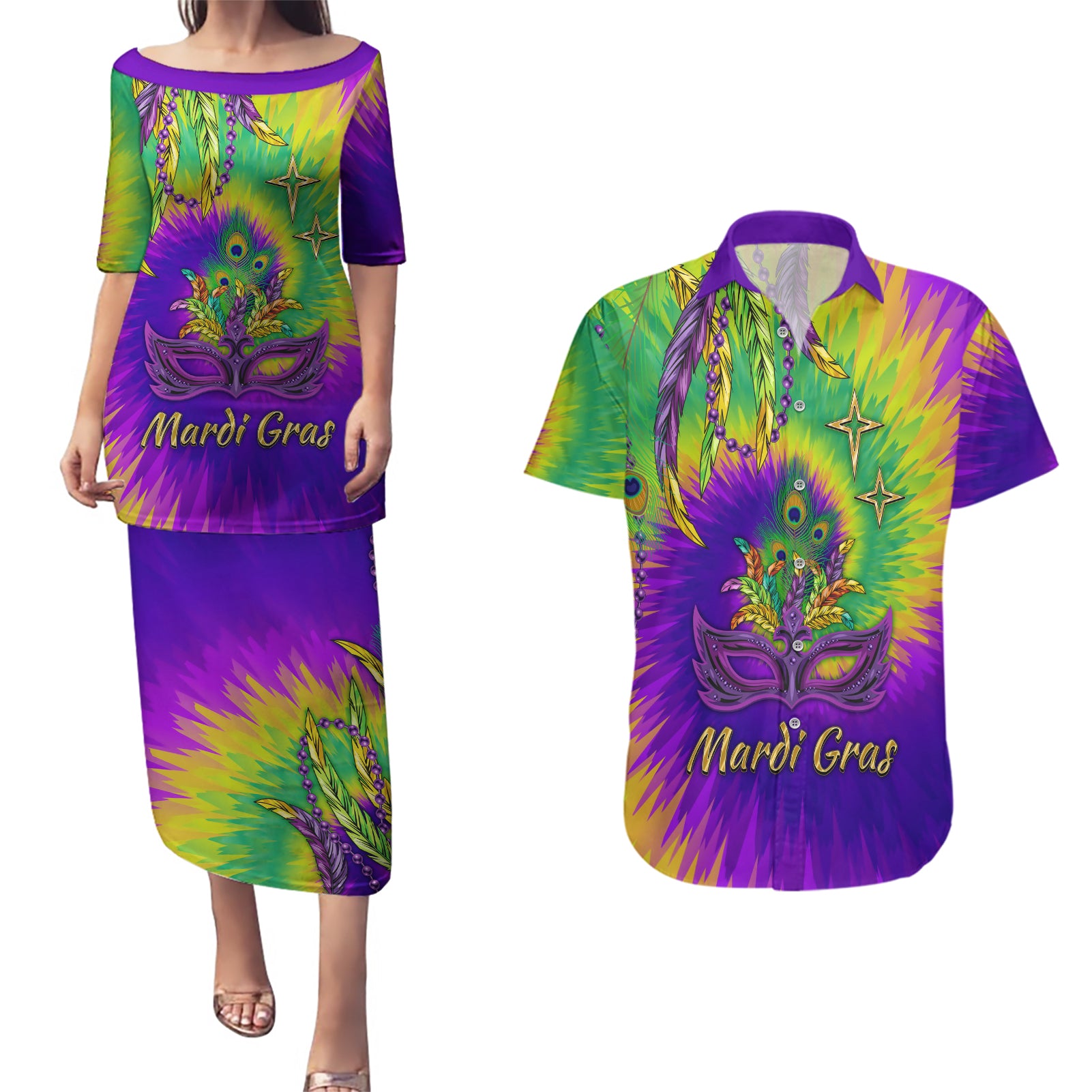 Mardi Gras Couples Matching Puletasi and Hawaiian Shirt Tie-dye Style - Queen LT7 - Wonder Print Shop