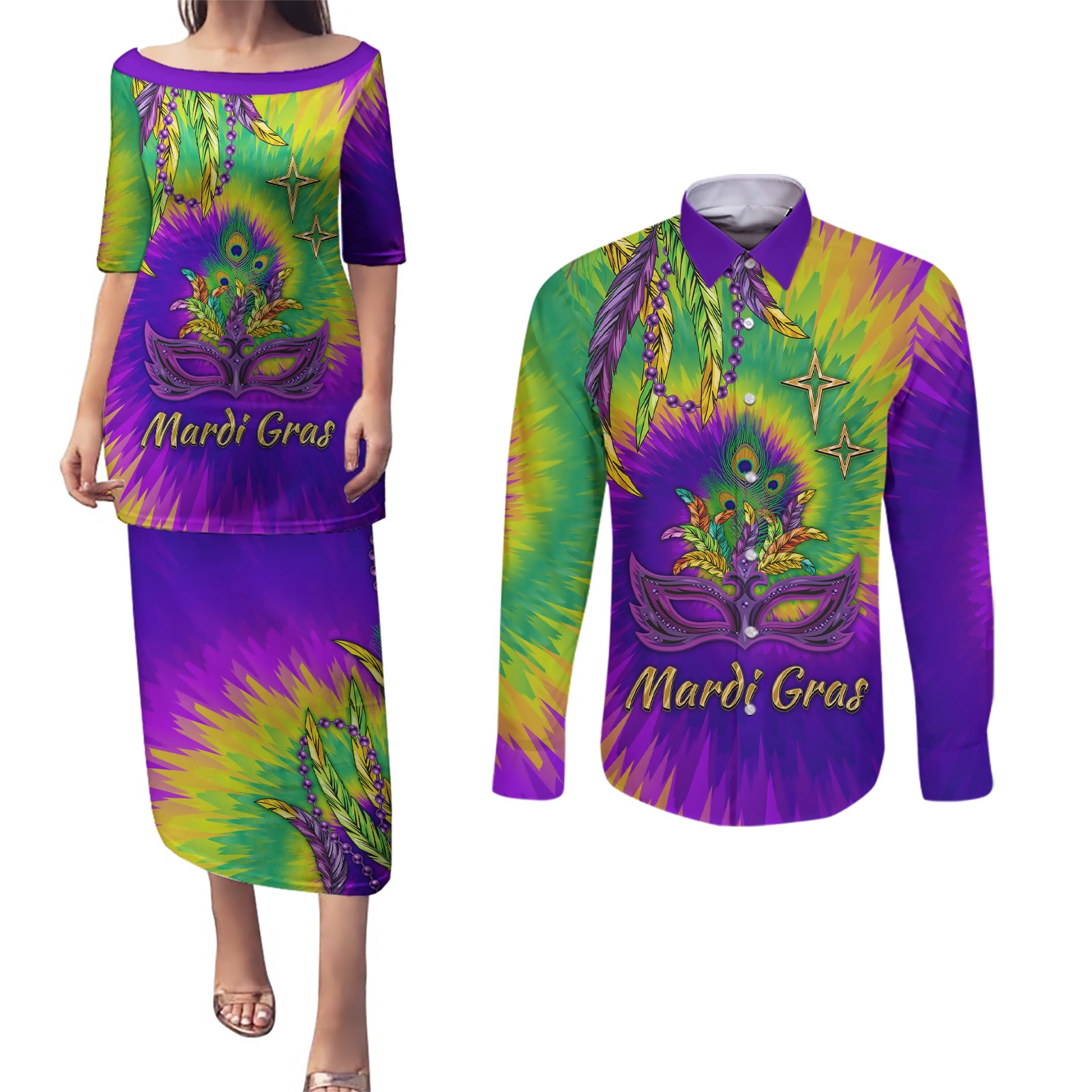 Mardi Gras Couples Matching Puletasi and Long Sleeve Button Shirt Tie-dye Style - Queen LT7 - Wonder Print Shop