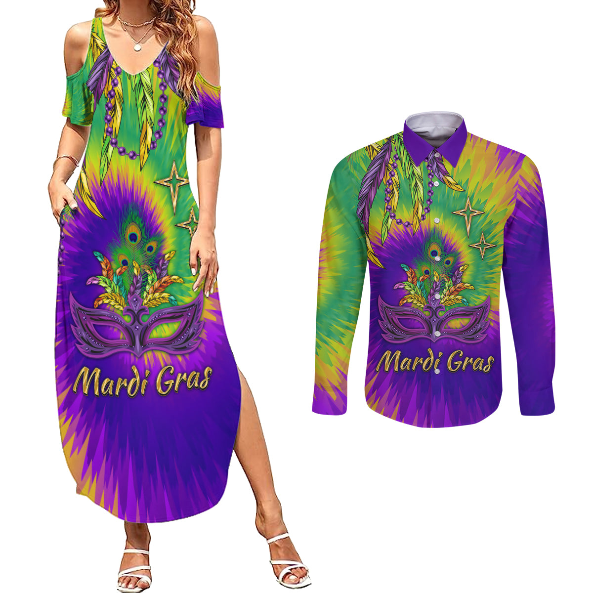 Mardi Gras Couples Matching Summer Maxi Dress and Long Sleeve Button Shirt Tie-dye Style - Queen LT7 - Wonder Print Shop