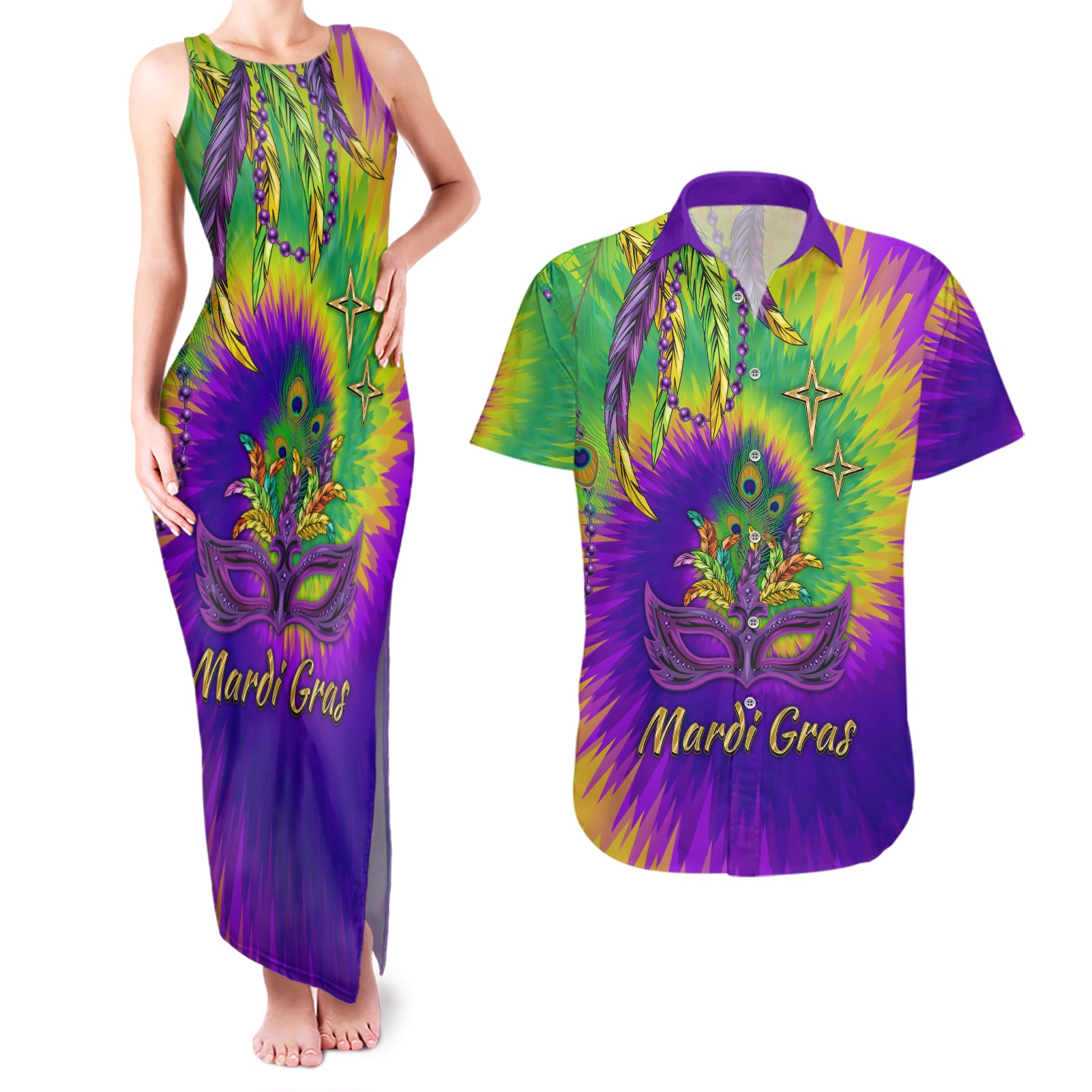 Mardi Gras Couples Matching Tank Maxi Dress and Hawaiian Shirt Tie-dye Style - Queen LT7 - Wonder Print Shop