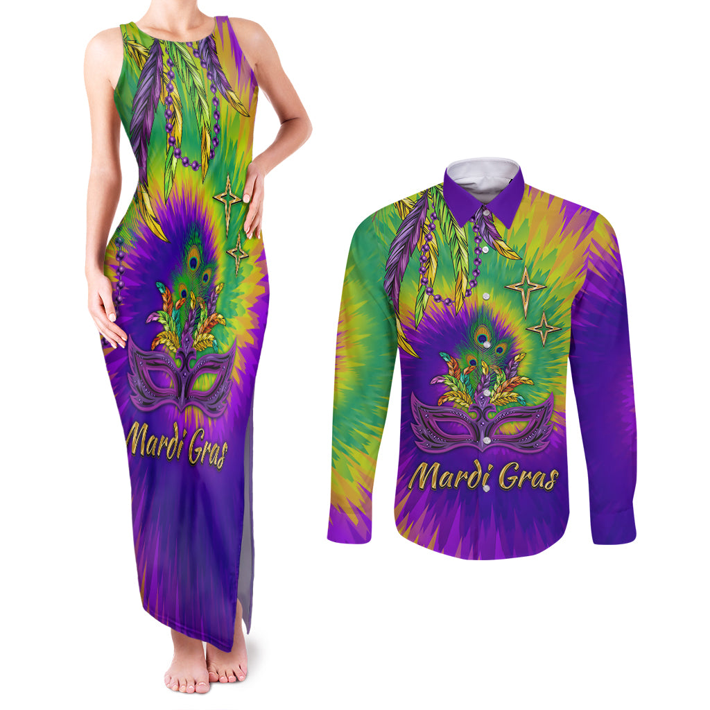 Mardi Gras Couples Matching Tank Maxi Dress and Long Sleeve Button Shirt Tie-dye Style - Queen LT7 - Wonder Print Shop