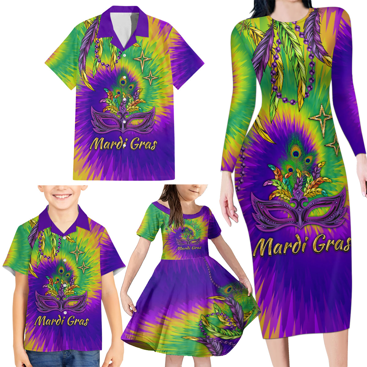 Mardi Gras Family Matching Long Sleeve Bodycon Dress and Hawaiian Shirt Tie-dye Style - Queen LT7 - Wonder Print Shop