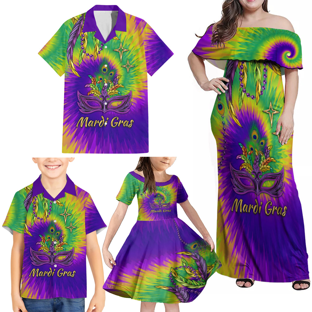 Mardi Gras Family Matching Off Shoulder Maxi Dress and Hawaiian Shirt Tie-dye Style - Queen LT7 - Wonder Print Shop