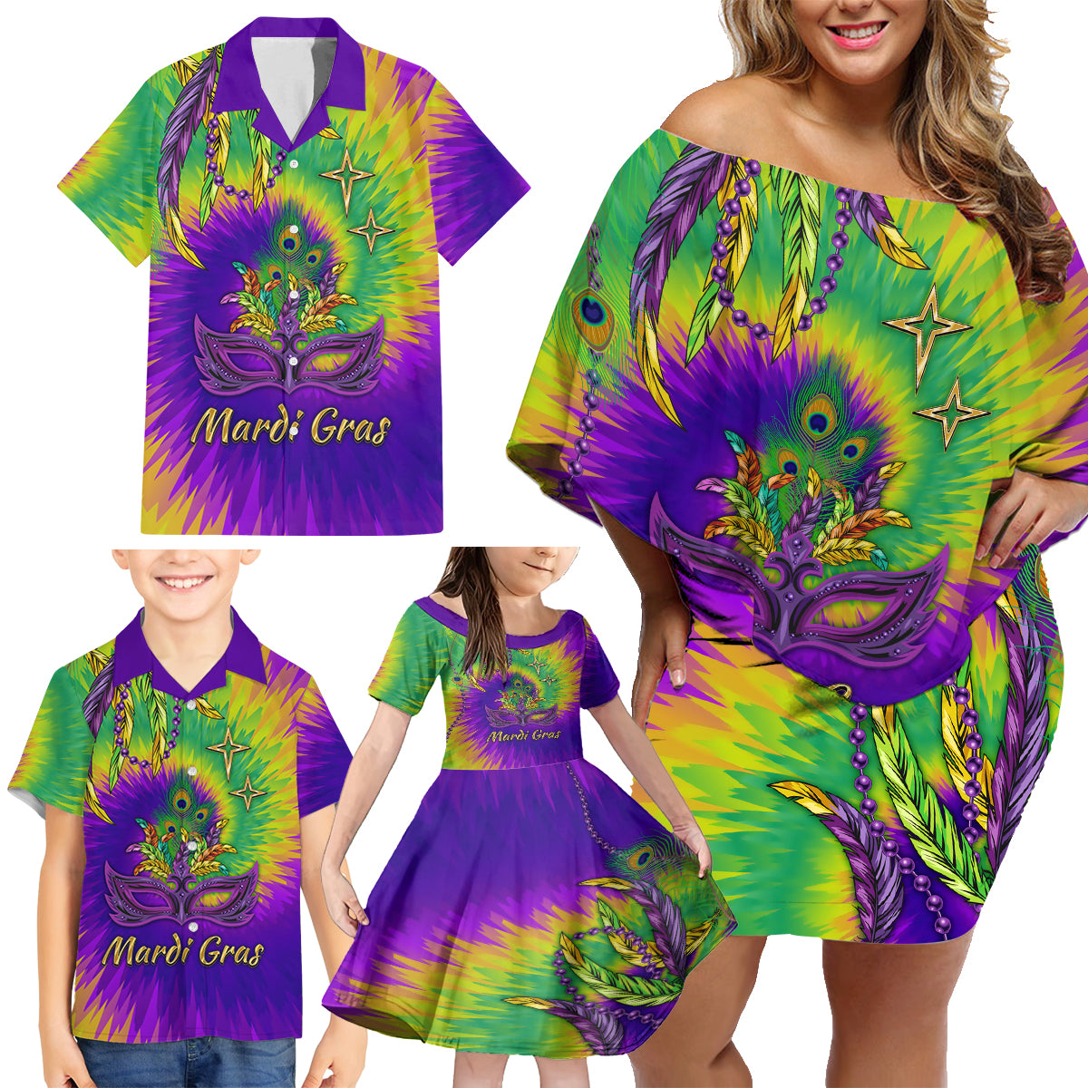 Mardi Gras Family Matching Off Shoulder Short Dress and Hawaiian Shirt Tie-dye Style - Queen LT7 - Wonder Print Shop