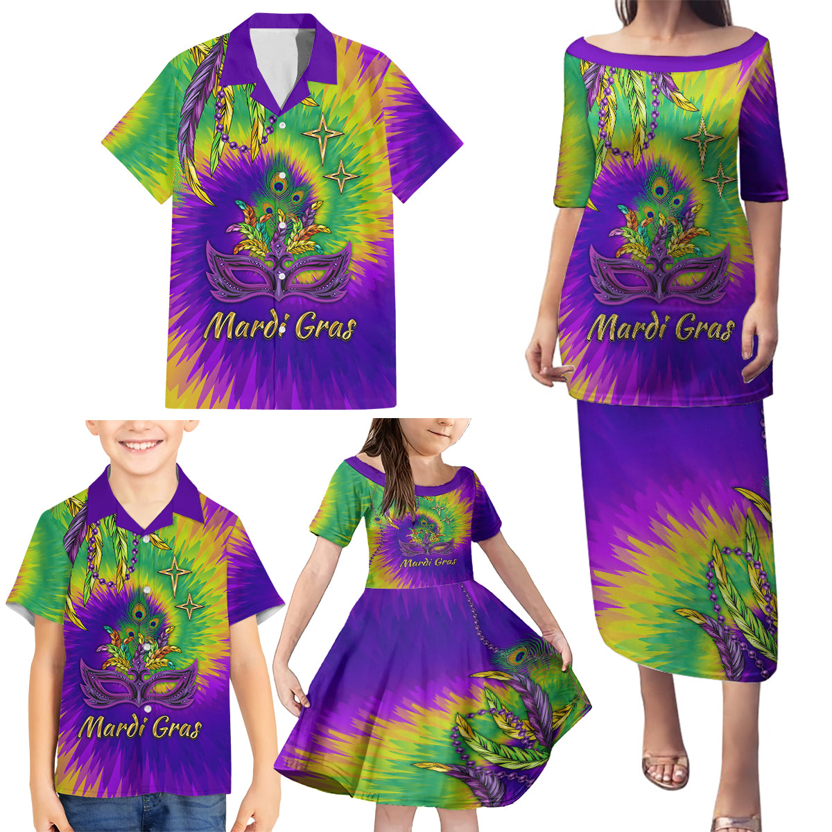 Mardi Gras Family Matching Puletasi and Hawaiian Shirt Tie-dye Style - Queen - Wonder Print Shop