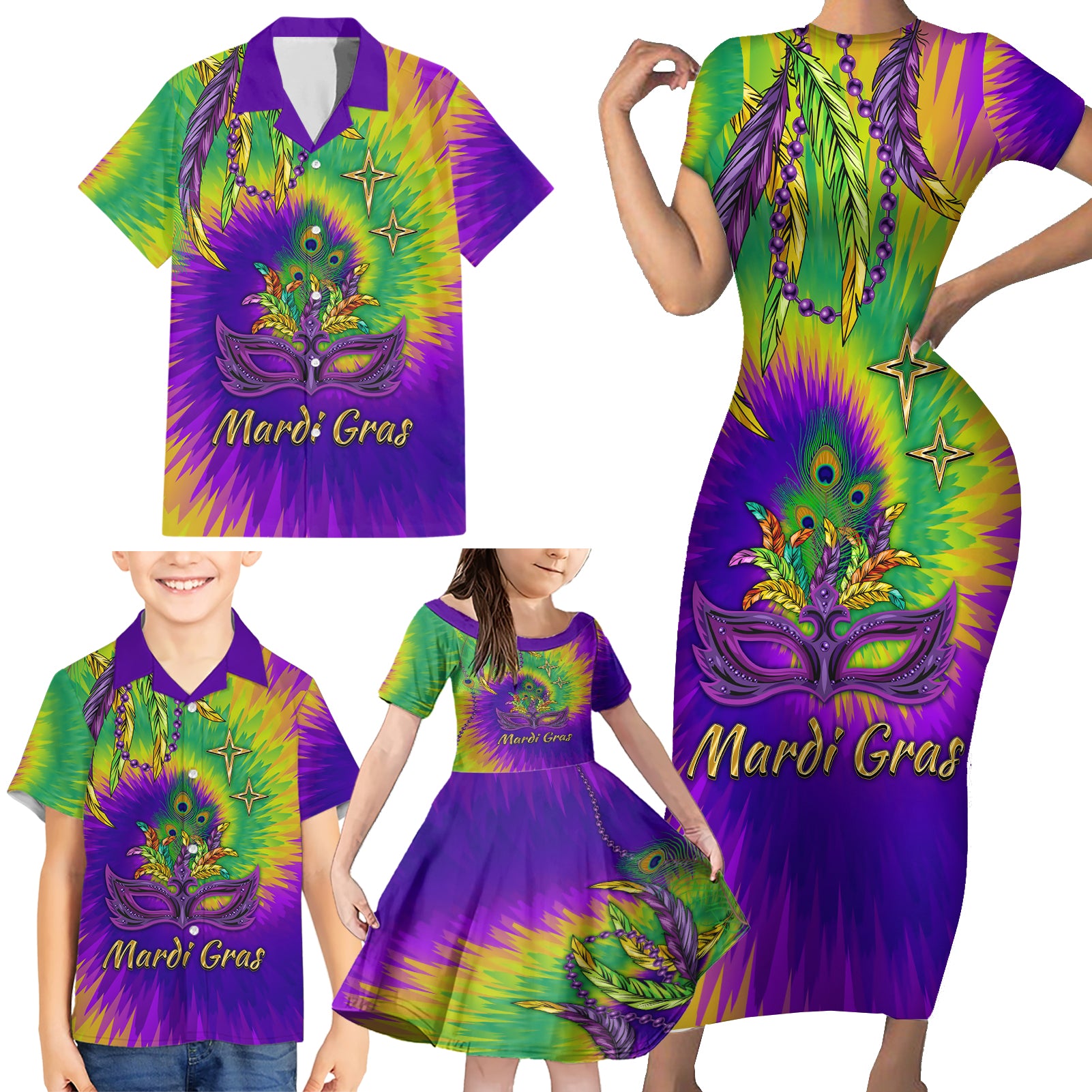 Mardi Gras Family Matching Short Sleeve Bodycon Dress and Hawaiian Shirt Tie-dye Style - Queen - Wonder Print Shop