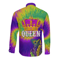 Colorful tie-dye long sleeve button shirt, back design with crown and Queen text