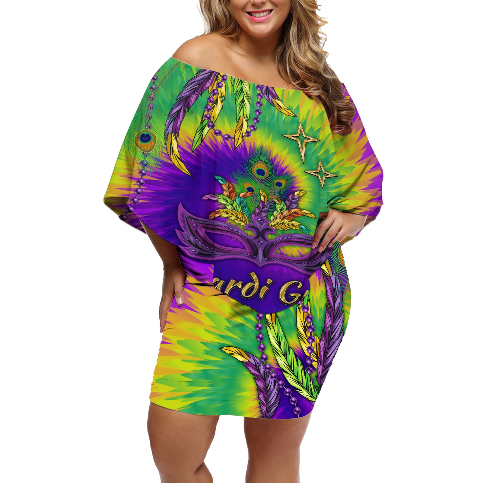 Mardi Gras Off Shoulder Short Dress Tie-dye Style - Queen - Wonder Print Shop