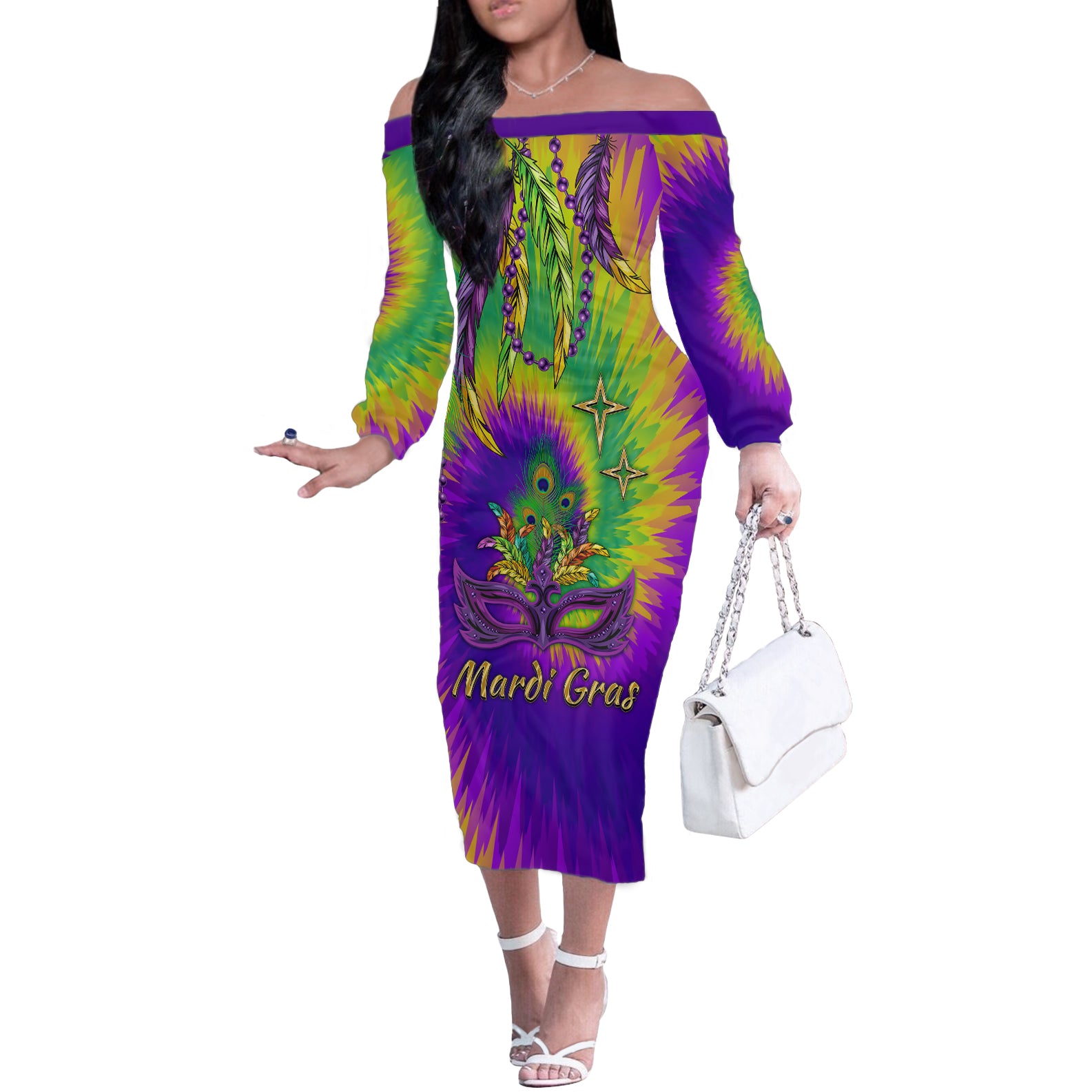 Mardi Gras Off The Shoulder Long Sleeve Dress Tie-dye Style - Queen - Wonder Print Shop