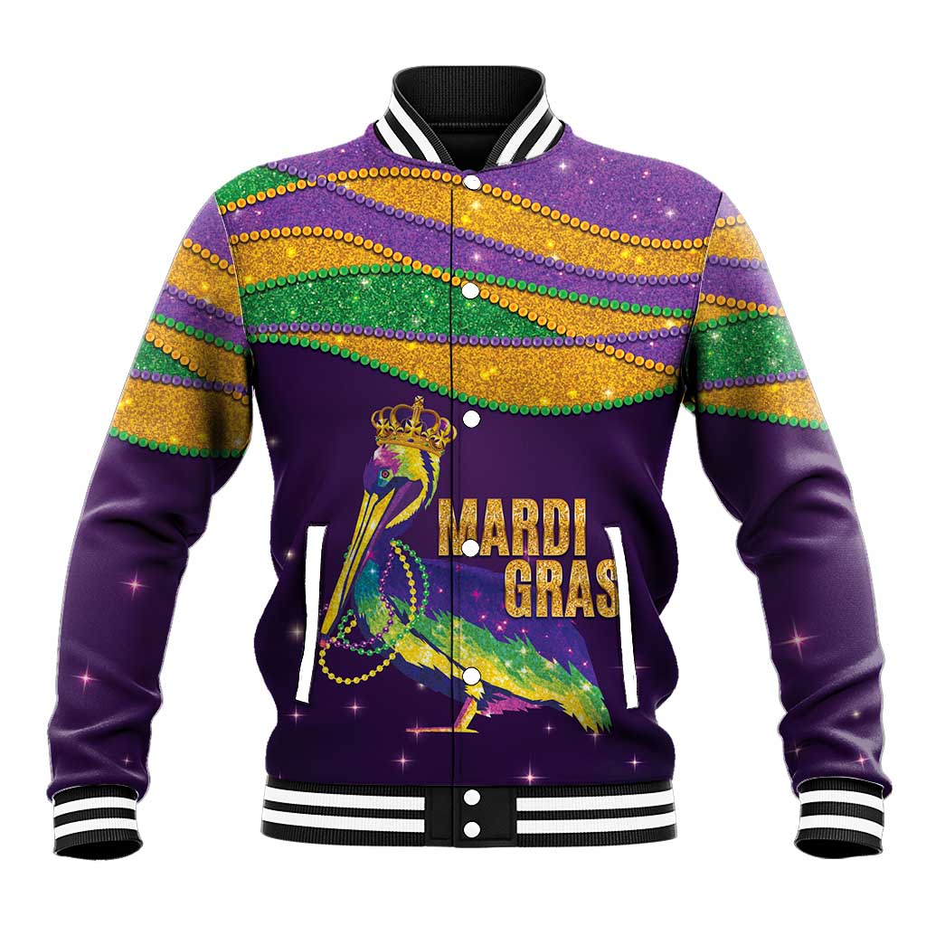 Faux Glitter Mardi Gras Pelican Baseball Jacket - Wonder Print Shop