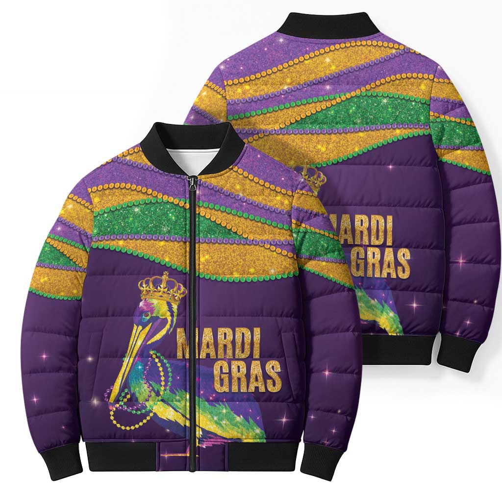 Faux Glitter Mardi Gras Pelican Bomber Puffer Jacket - Wonder Print Shop