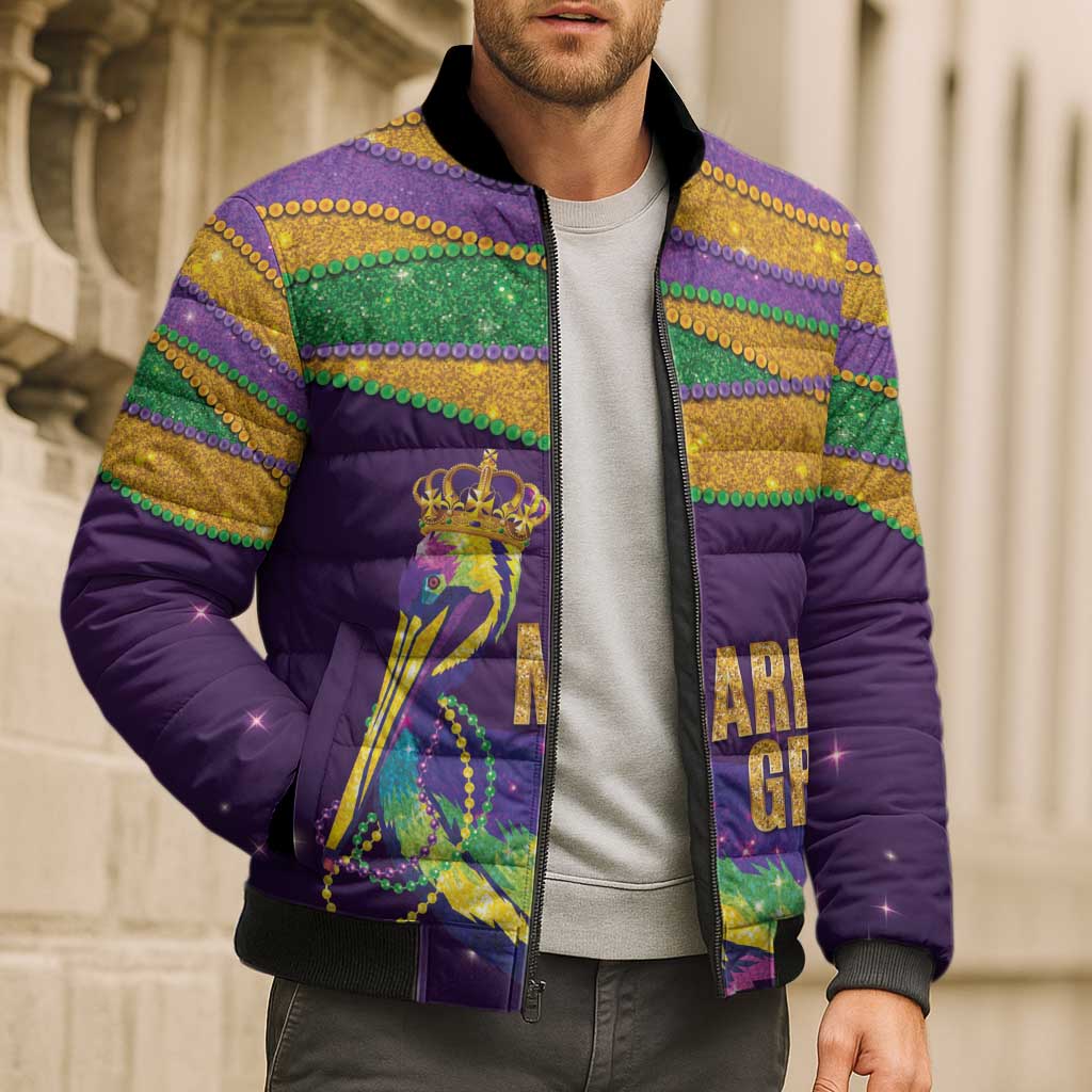 Faux Glitter Mardi Gras Pelican Bomber Puffer Jacket - Wonder Print Shop