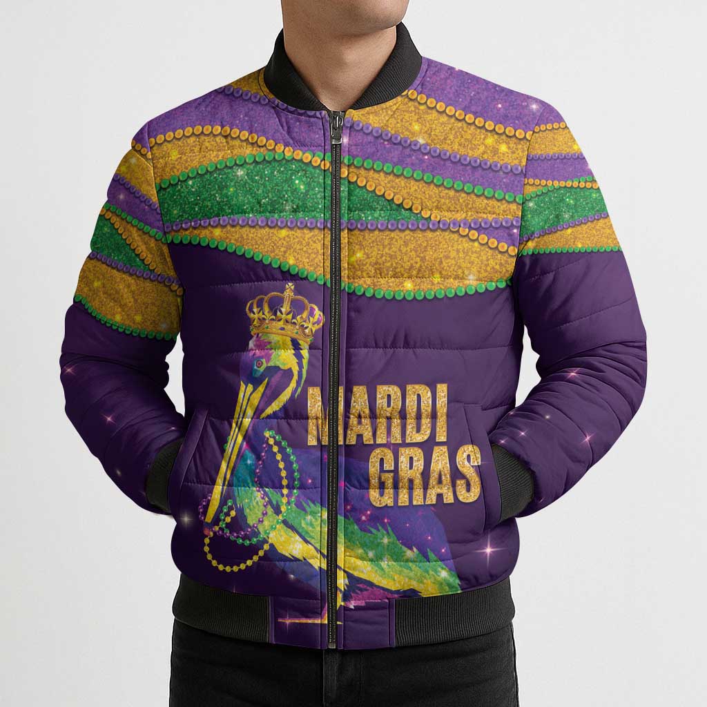 Faux Glitter Mardi Gras Pelican Bomber Puffer Jacket - Wonder Print Shop