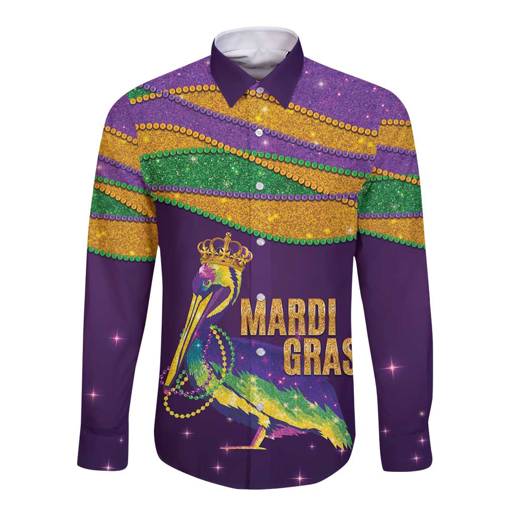 Faux Glitter Mardi Gras Pelican Long Sleeve Button Shirt - Wonder Print Shop