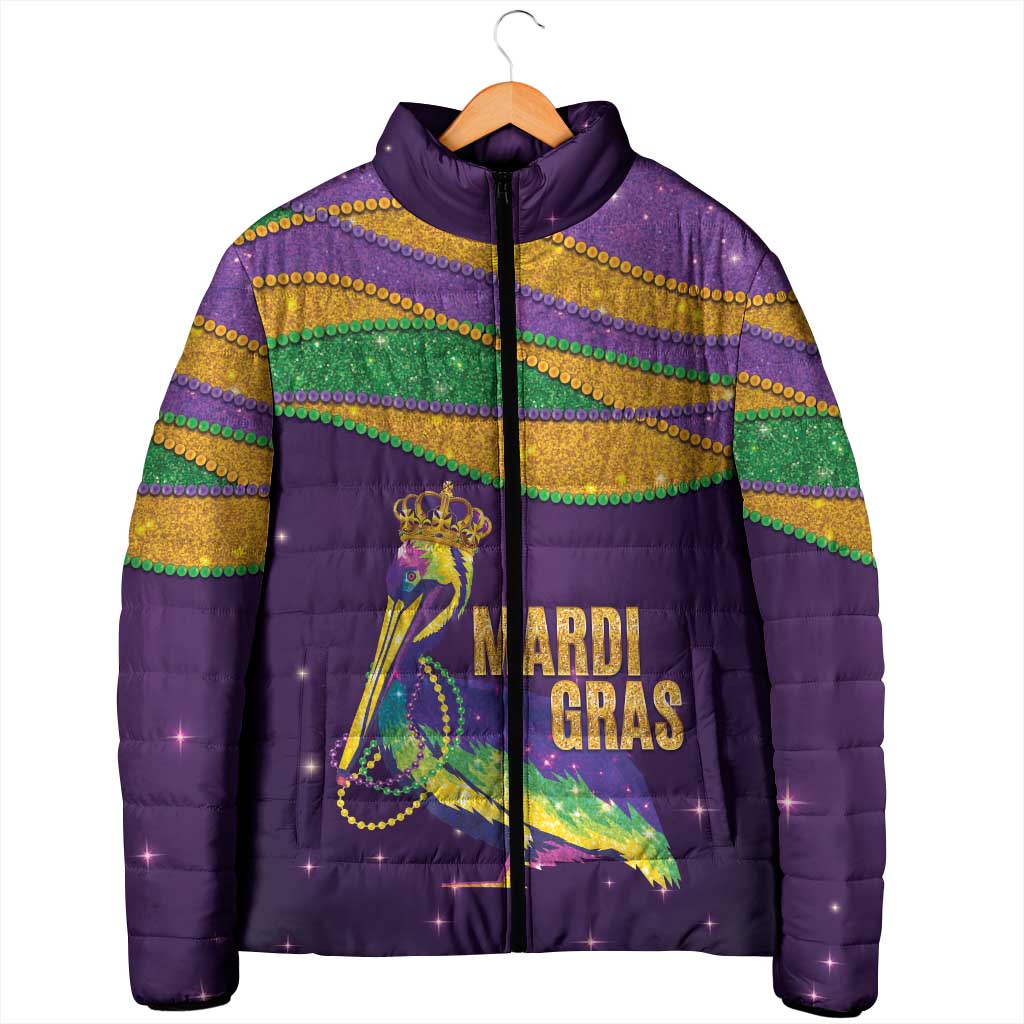 Faux Glitter Mardi Gras Pelican Padded Jacket - Wonder Print Shop