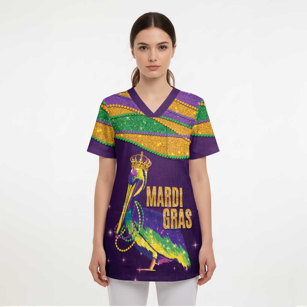 Faux Glitter Mardi Gras Pelican Scrub Top - Wonder Print Shop