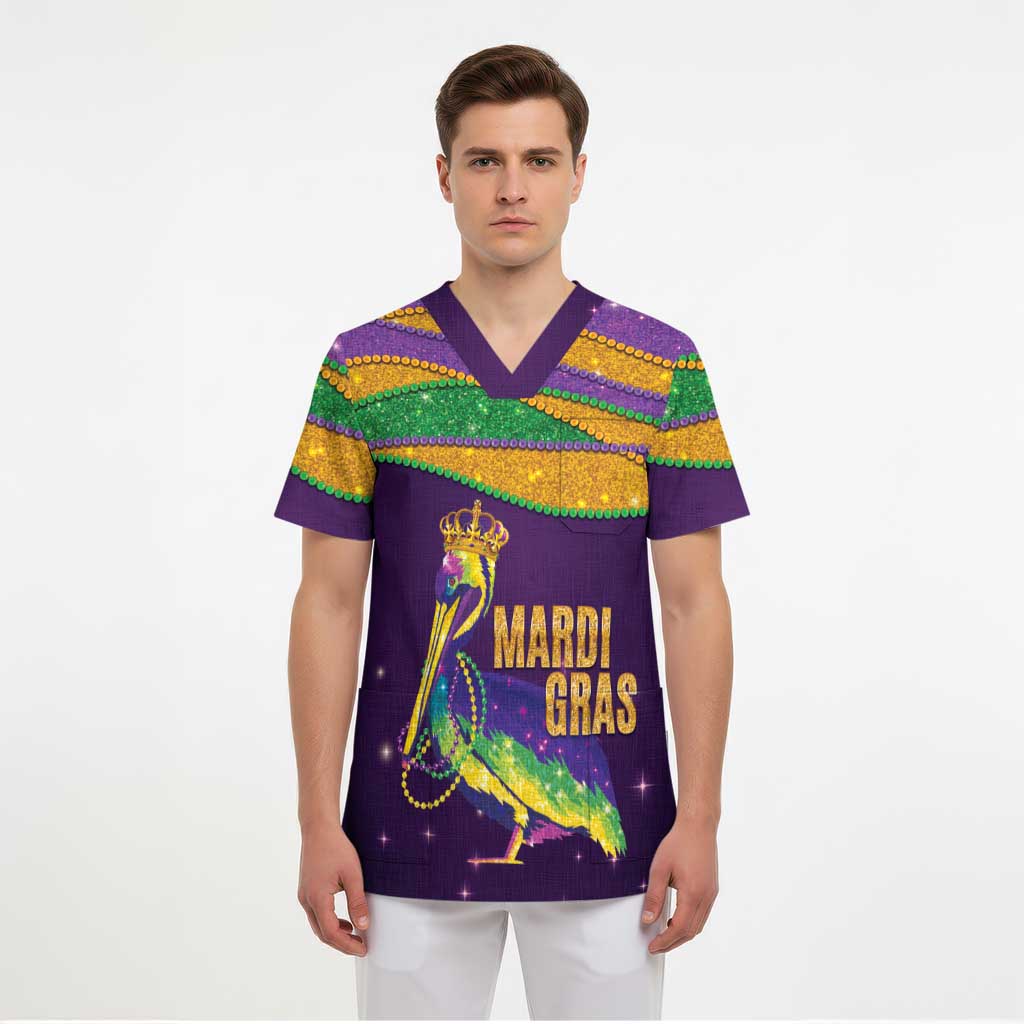 Faux Glitter Mardi Gras Pelican Scrub Top - Wonder Print Shop