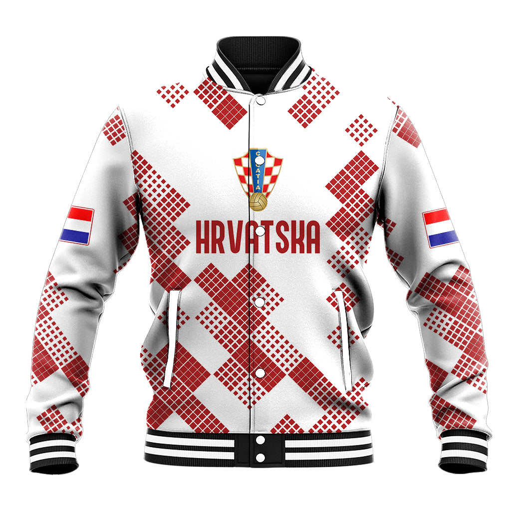 White varsity baseball jacket with red mosaic pattern, striped collar, front snap buttons