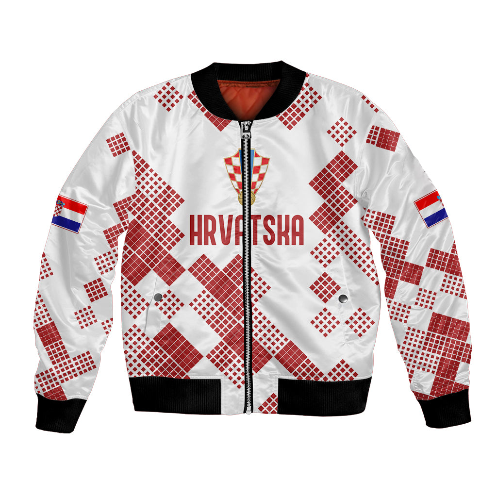 White unisex bomber jacket with red mosaic pattern, zipper front, Croatia flag sleeve patch