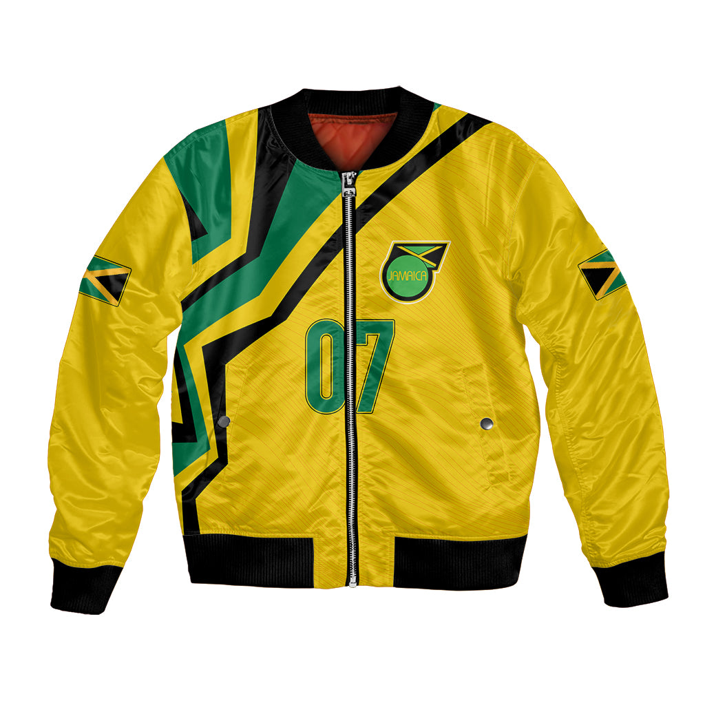 Yellow bomber jacket with full-zip, black/green trim, front patch and 07 graphic