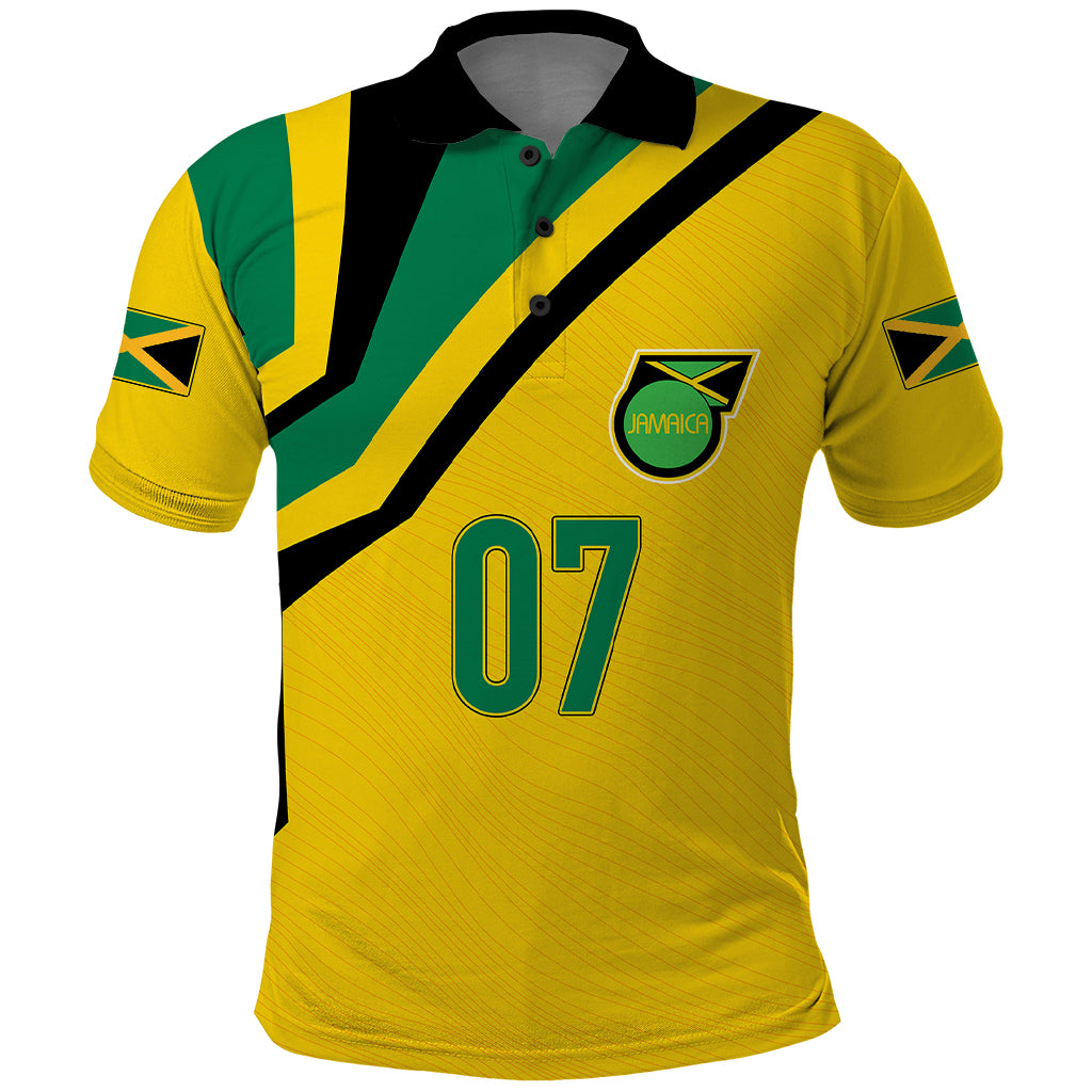 Yellow football polo shirt with green trim, black diagonal stripes, Jamaica crest and 07
