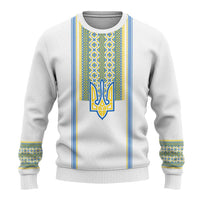 White knitted sweatshirt with blue and yellow vertical folk stripe panel and trident emblem