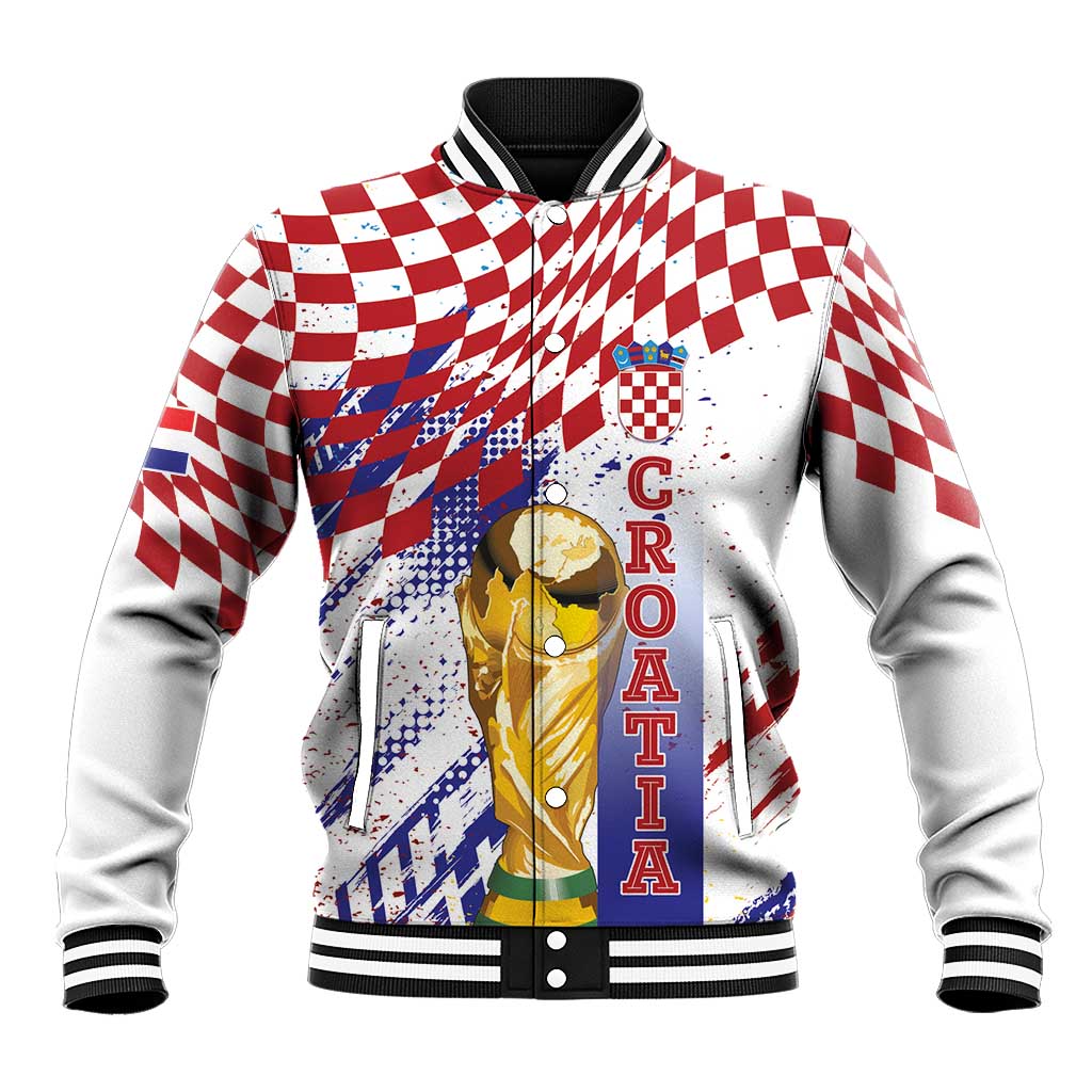 Croatia Football Custom WC2026 White Baseball Jacket Hrvatska Grunge Checkerboard - Wonder Print Shop