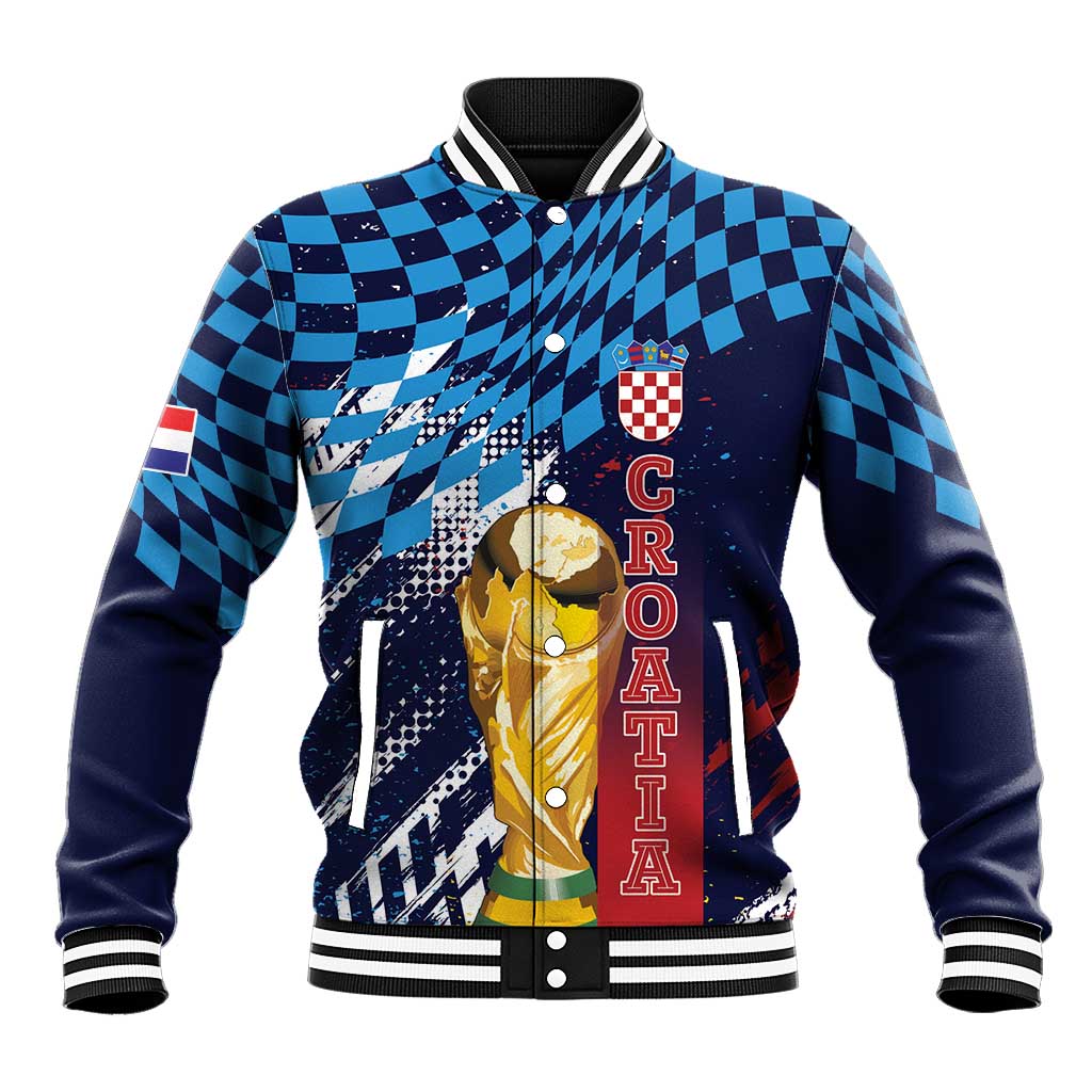 Croatia Football Custom WC2026 Blue Baseball Jacket Hrvatska Grunge Checkerboard - Wonder Print Shop
