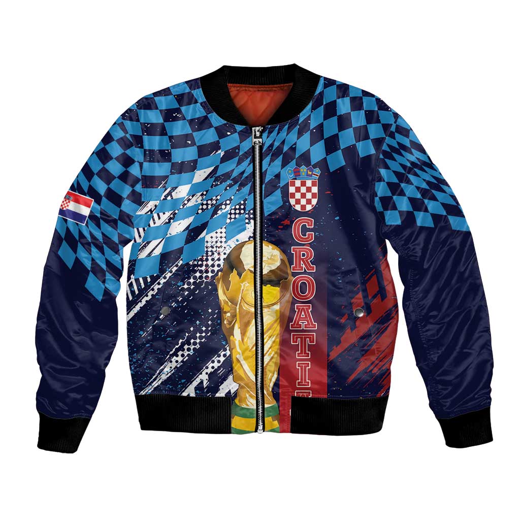 Croatia Football Custom WC2026 Blue Bomber Jacket Hrvatska Grunge Checkerboard - Wonder Print Shop