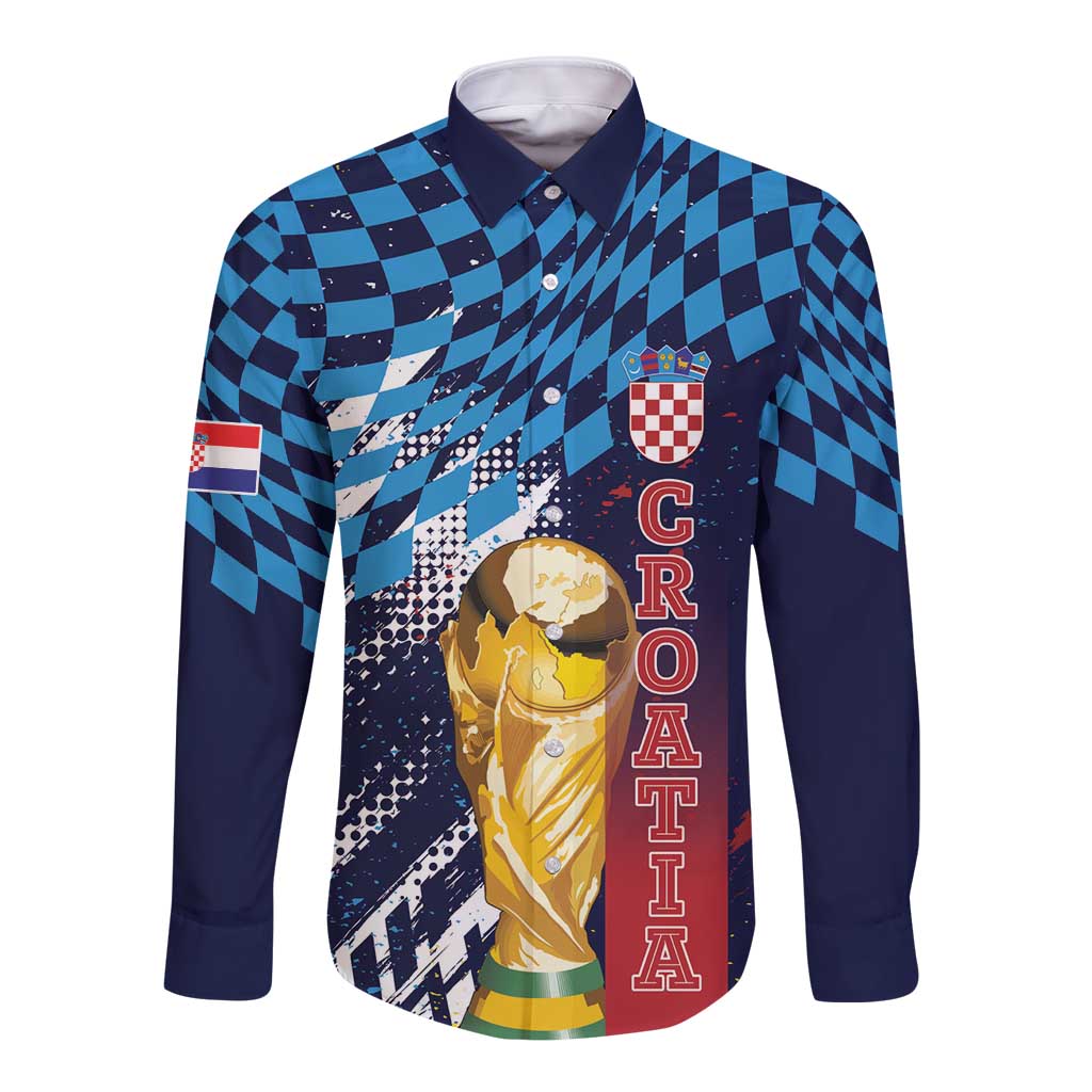Croatia Football Custom WC2026 Blue Long Sleeve Button Shirt Hrvatska Grunge Checkerboard - Wonder Print Shop