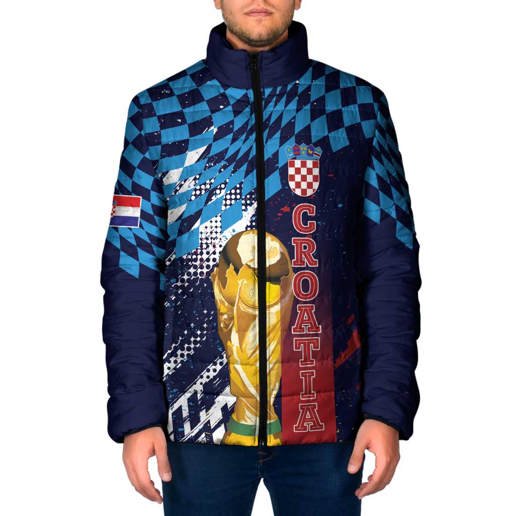 Croatia Football Custom WC2026 Blue Padded Jacket Hrvatska Grunge Checkerboard - Wonder Print Shop