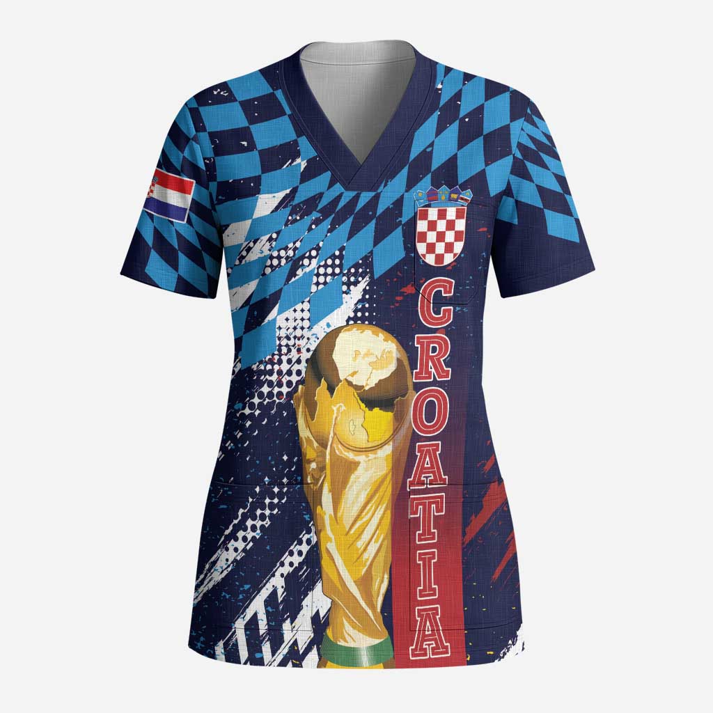 Croatia Football Custom WC2026 Blue Scrub Top Hrvatska Grunge Checkerboard - Wonder Print Shop