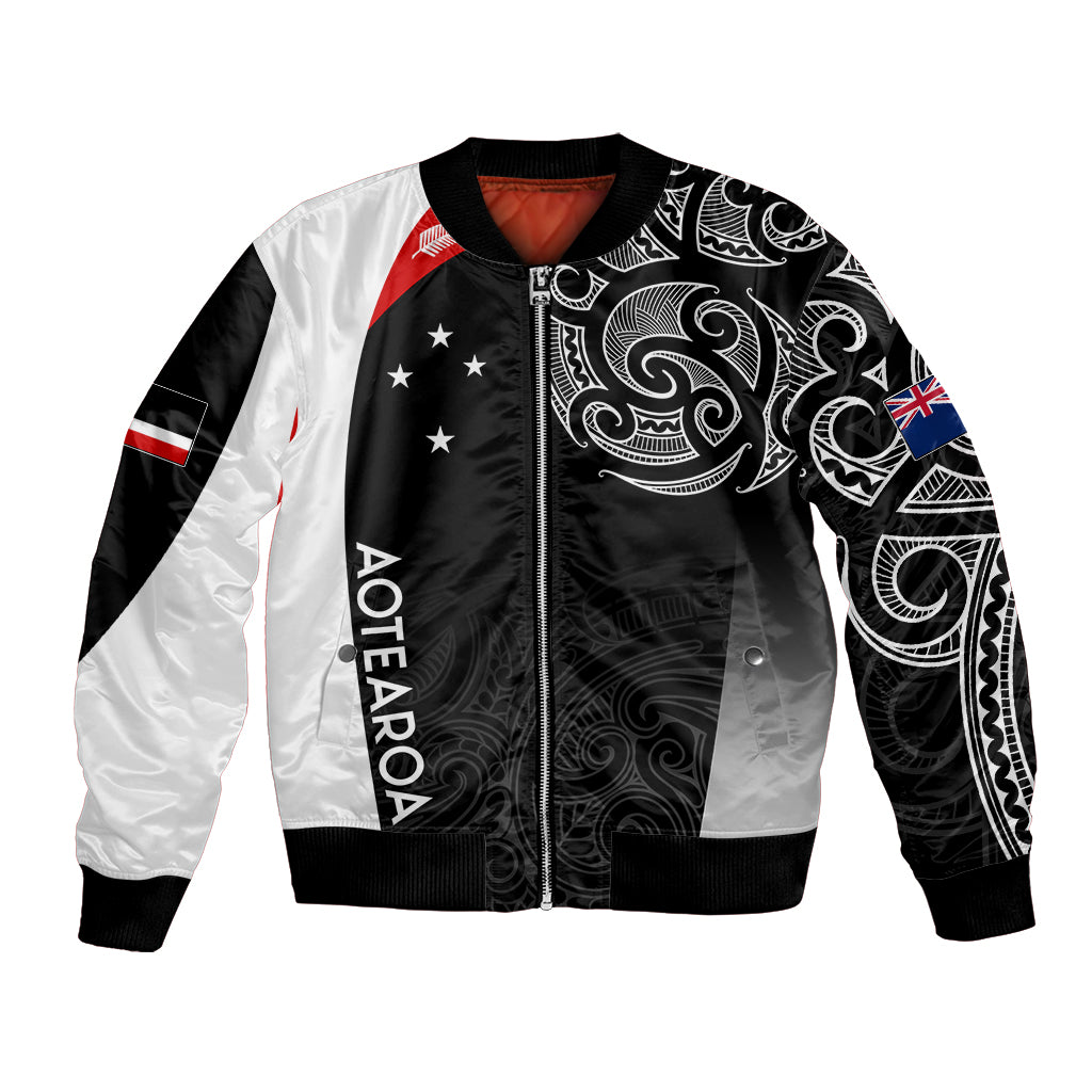 Personalized black and white rugby bomber jacket with AOTEAROA graphic and zip front