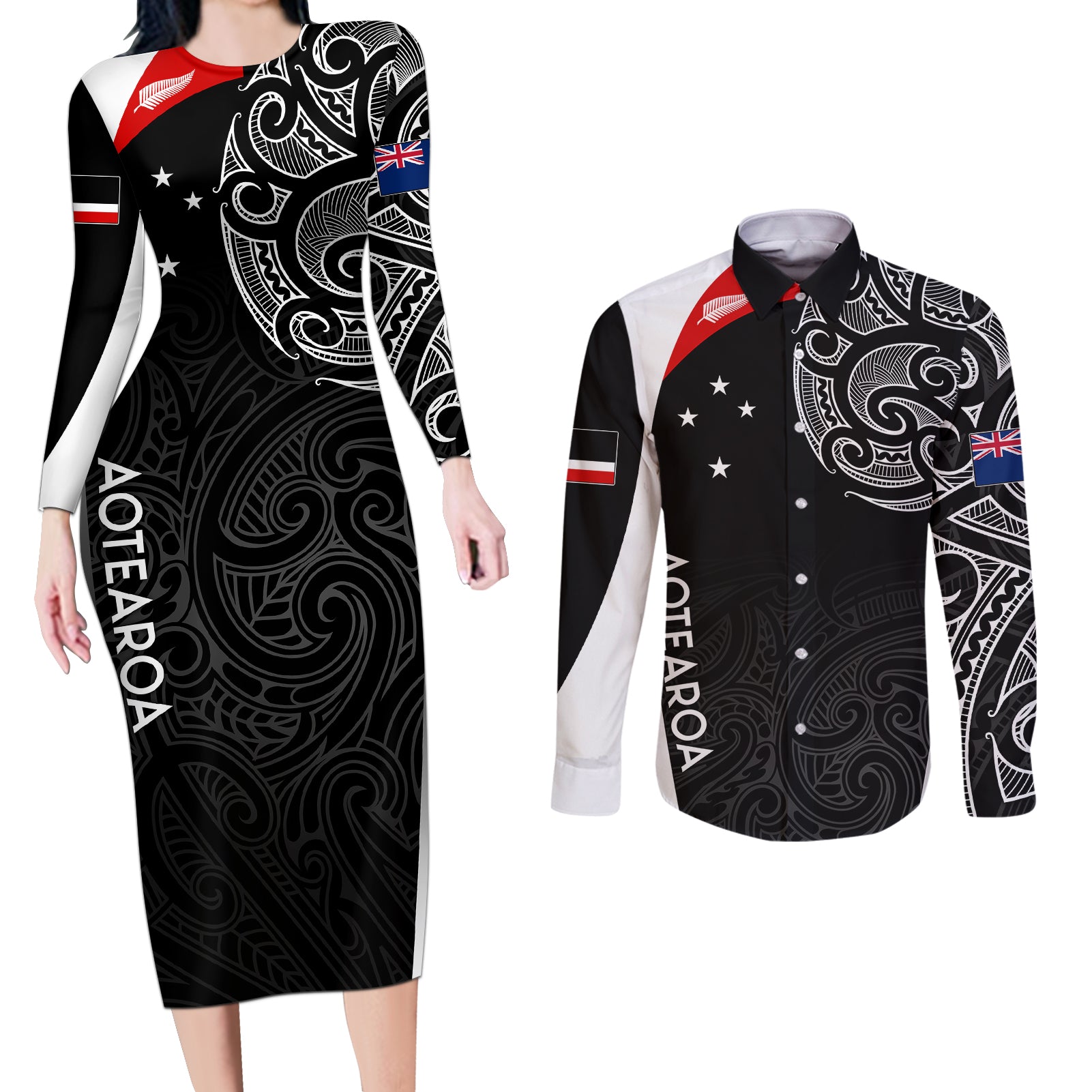 Personalised New Zealand Rugby Couples Matching Long Sleeve Bodycon Dress and Long Sleeve Button Shirts Aotearoa World Cup 2023 Champions LT7 - Wonder Print Shop