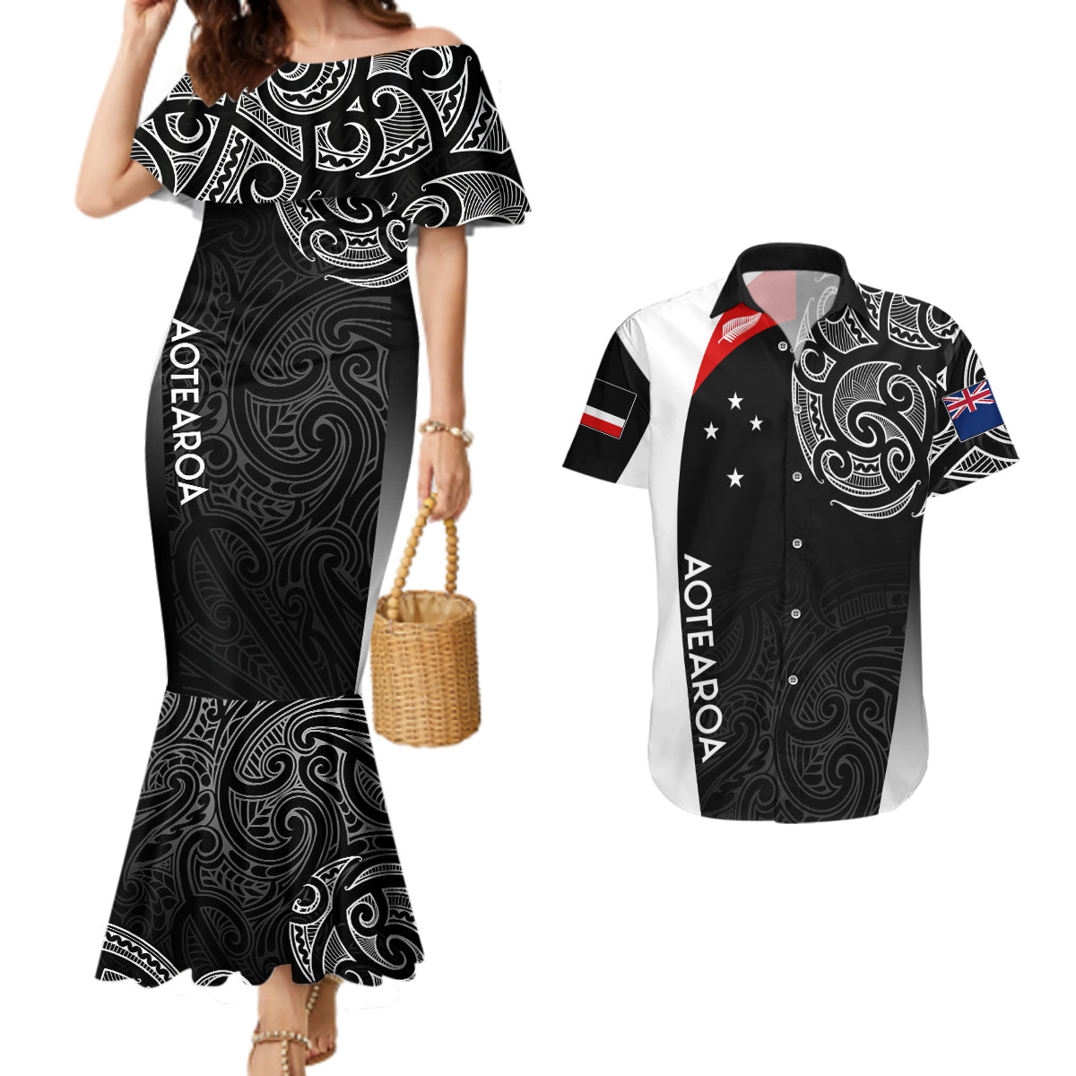 Personalised New Zealand Rugby Couples Matching Mermaid Dress And Hawaiian Shirt Aotearoa World Cup 2023 Champions LT7 - Wonder Print Shop