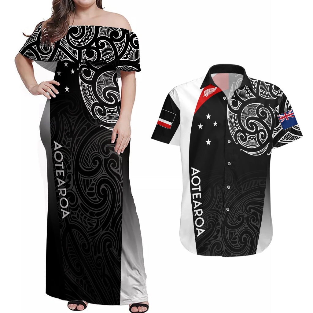 Personalised New Zealand Rugby Couples Matching Off Shoulder Maxi Dress and Hawaiian Shirt Aotearoa World Cup 2023 Champions LT7 - Wonder Print Shop