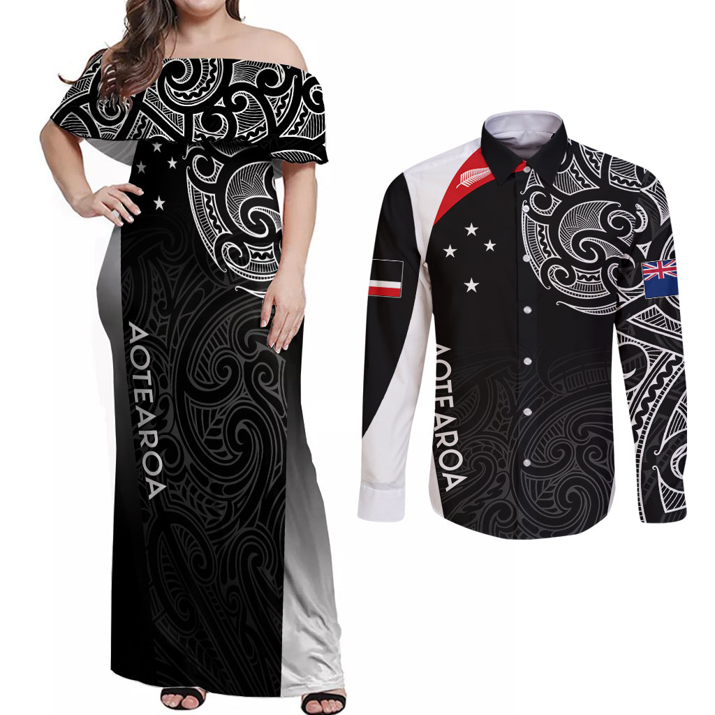 Personalised New Zealand Rugby Couples Matching Off Shoulder Maxi Dress and Long Sleeve Button Shirts Aotearoa World Cup 2023 Champions LT7 - Wonder Print Shop