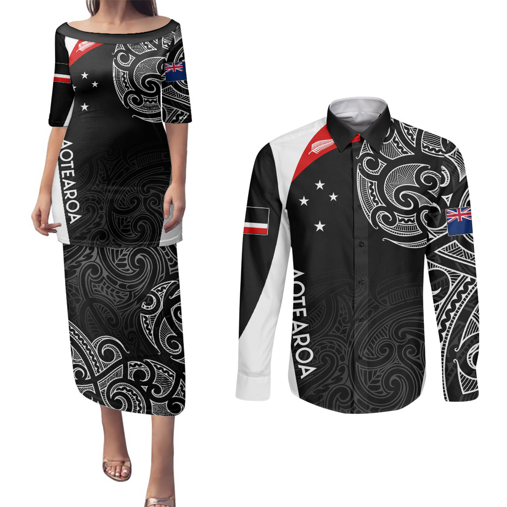 Personalised New Zealand Rugby Couples Matching Puletasi Dress and Long Sleeve Button Shirts Aotearoa World Cup 2023 Champions LT7 - Wonder Print Shop