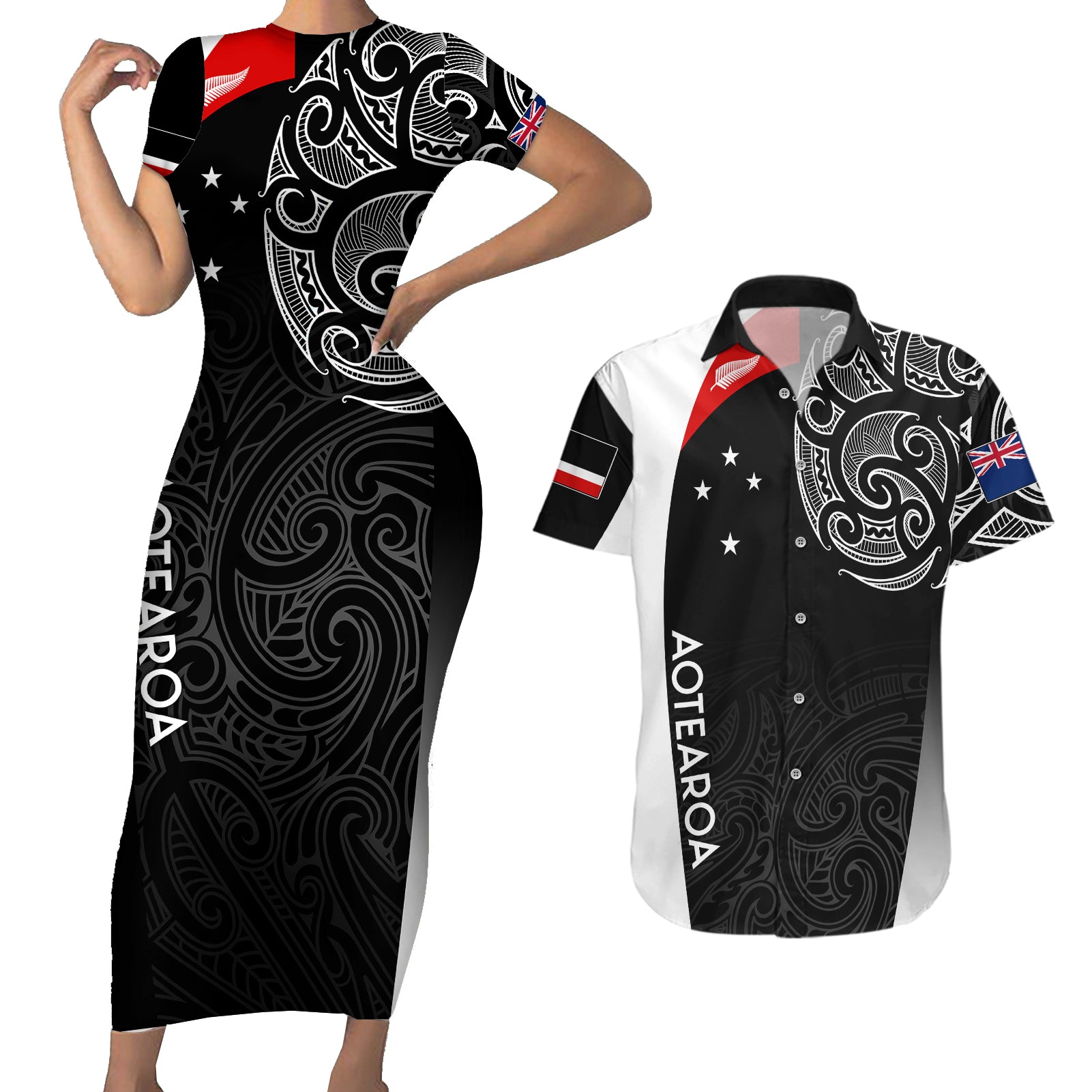 Personalised New Zealand Rugby Couples Matching Short Sleeve Bodycon Dress and Hawaiian Shirt Aotearoa World Cup 2023 Champions LT7 - Wonder Print Shop