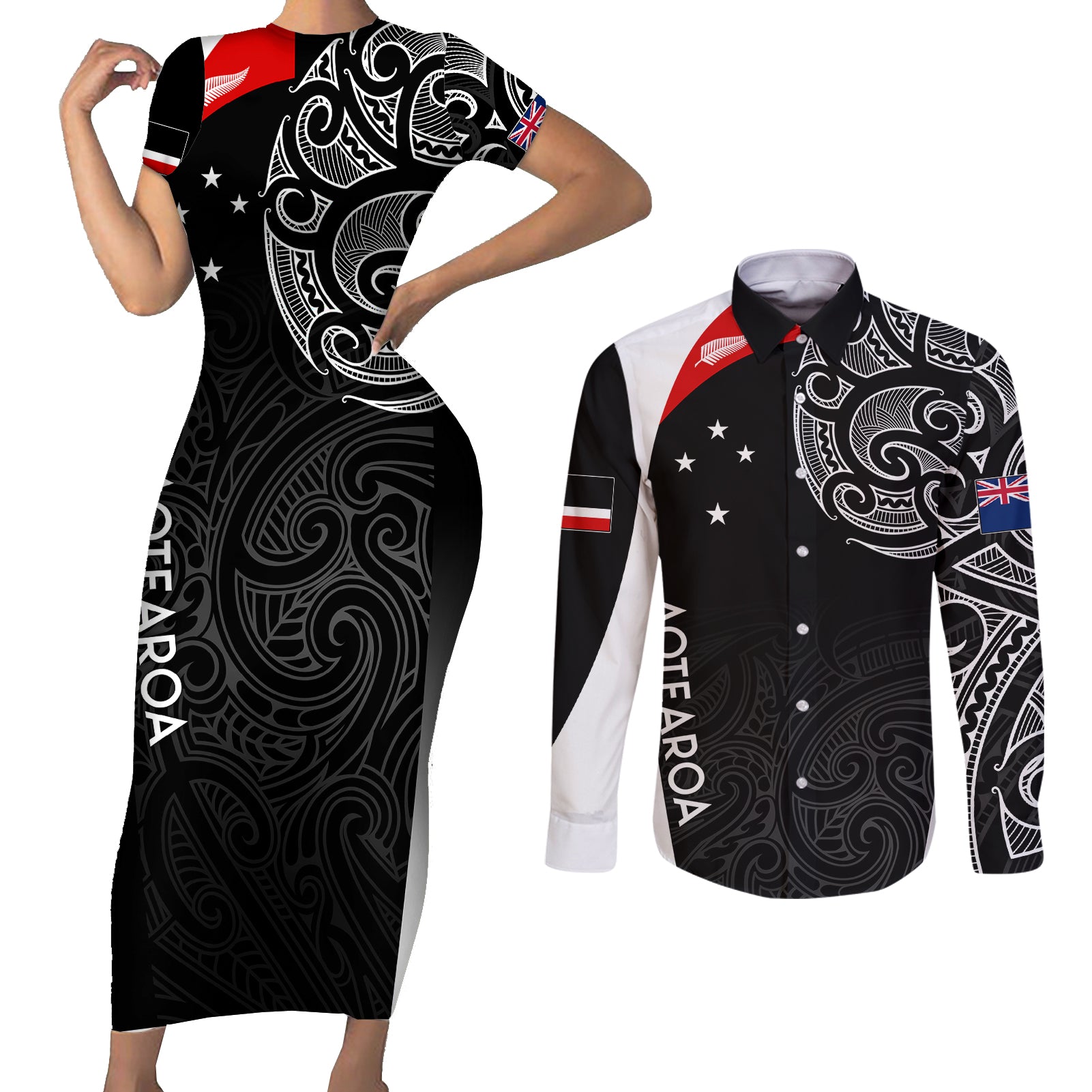 Personalised New Zealand Rugby Couples Matching Short Sleeve Bodycon Dress and Long Sleeve Button Shirts Aotearoa World Cup 2023 Champions LT7 - Wonder Print Shop