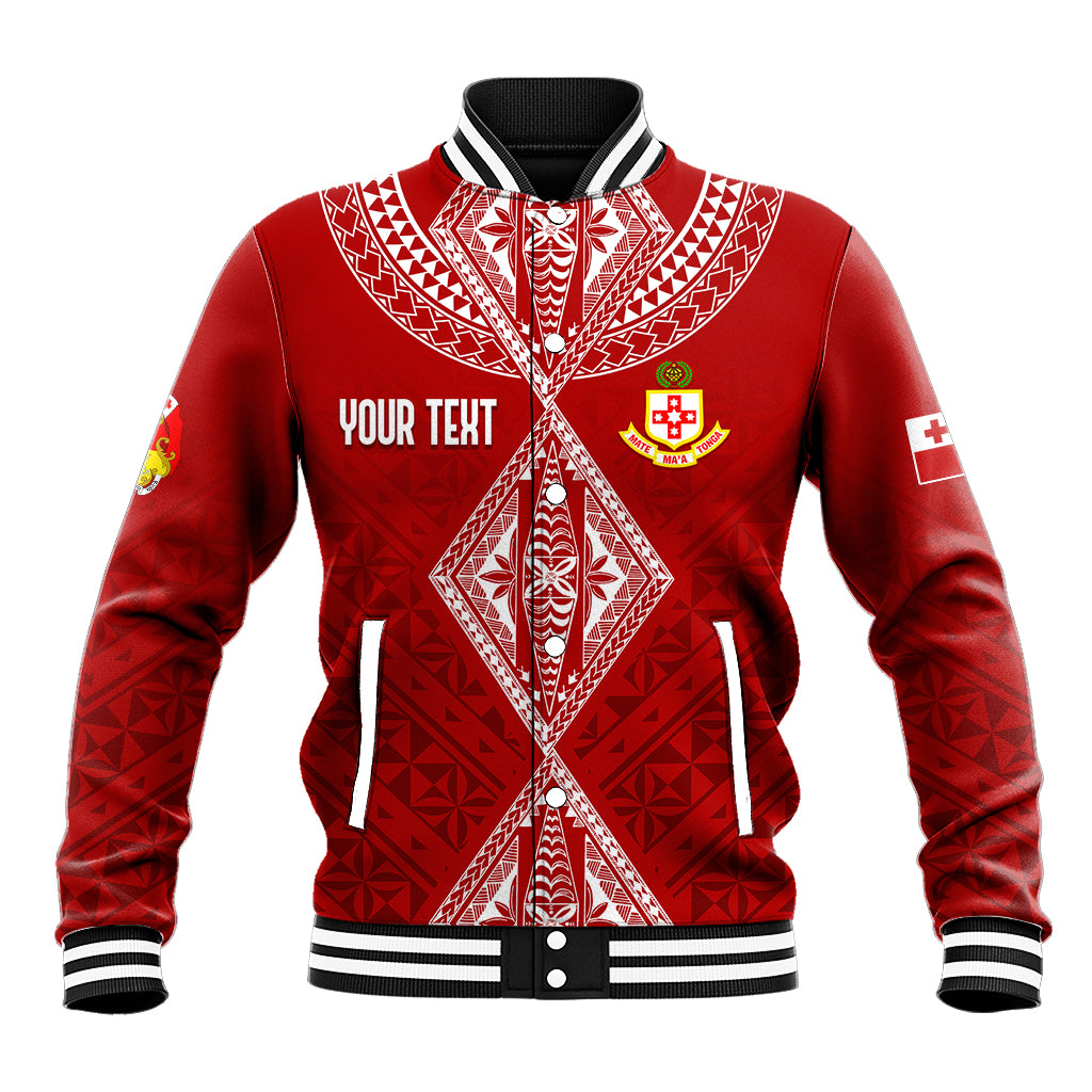 Red baseball jacket with white patterned yoke, striped collar, and 'YOUR TEXT' detail.